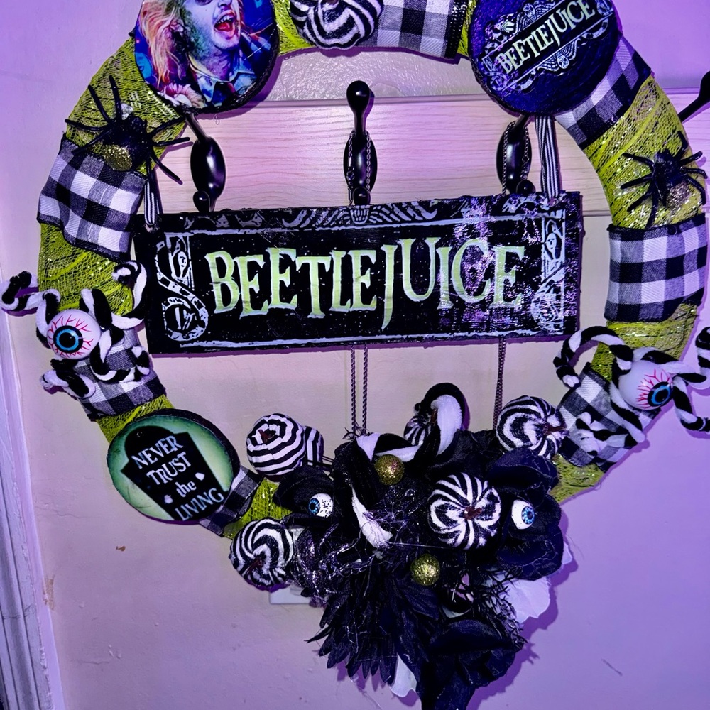 Beetlejuice Themed Mixed Media Art Wreath - Black, Green, White